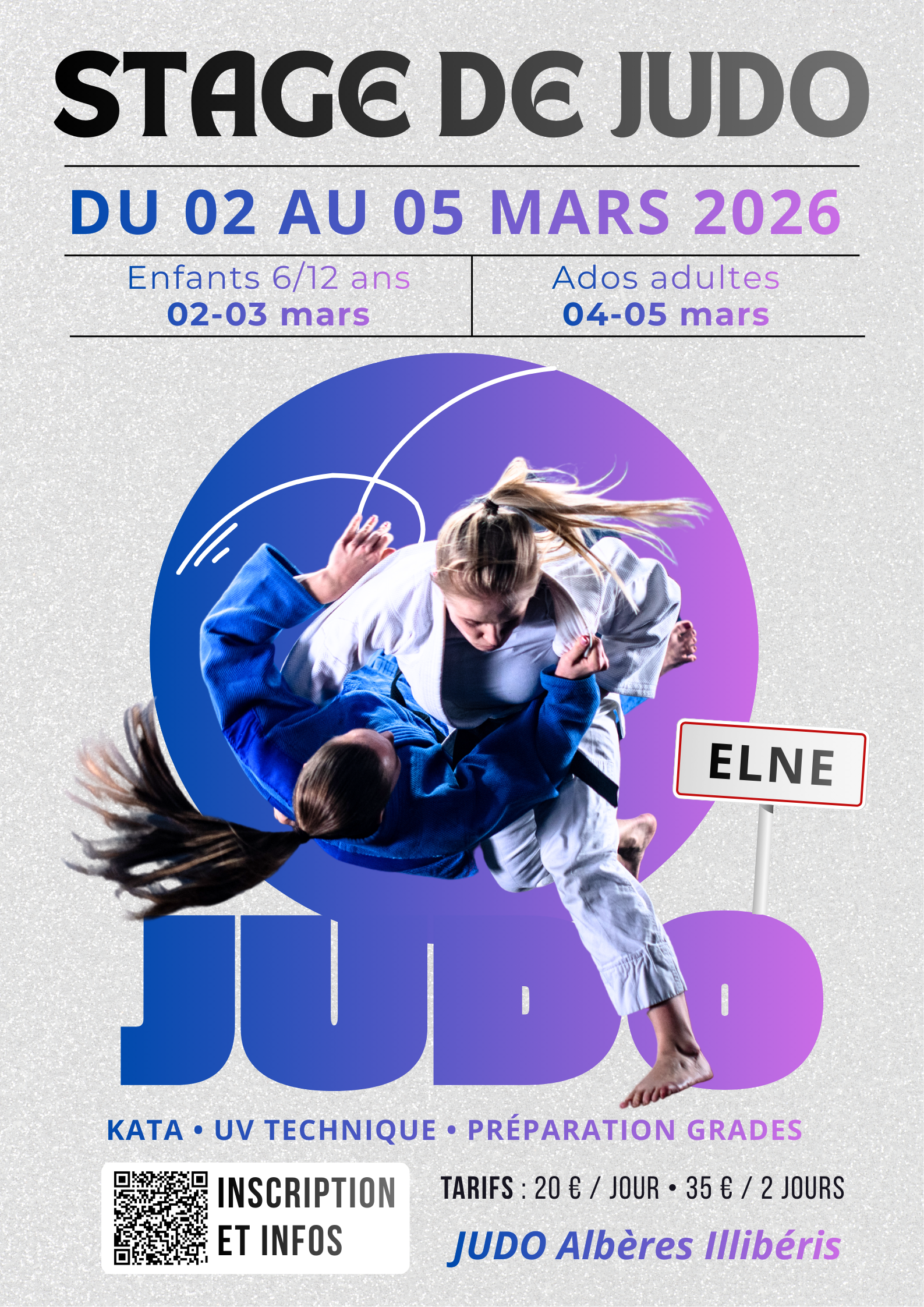 Affiche du stage de judo organisé à Elne du 2 au 5 mars 2026 par JUDO Albères Illibéris, pour enfants, ados et adultes.