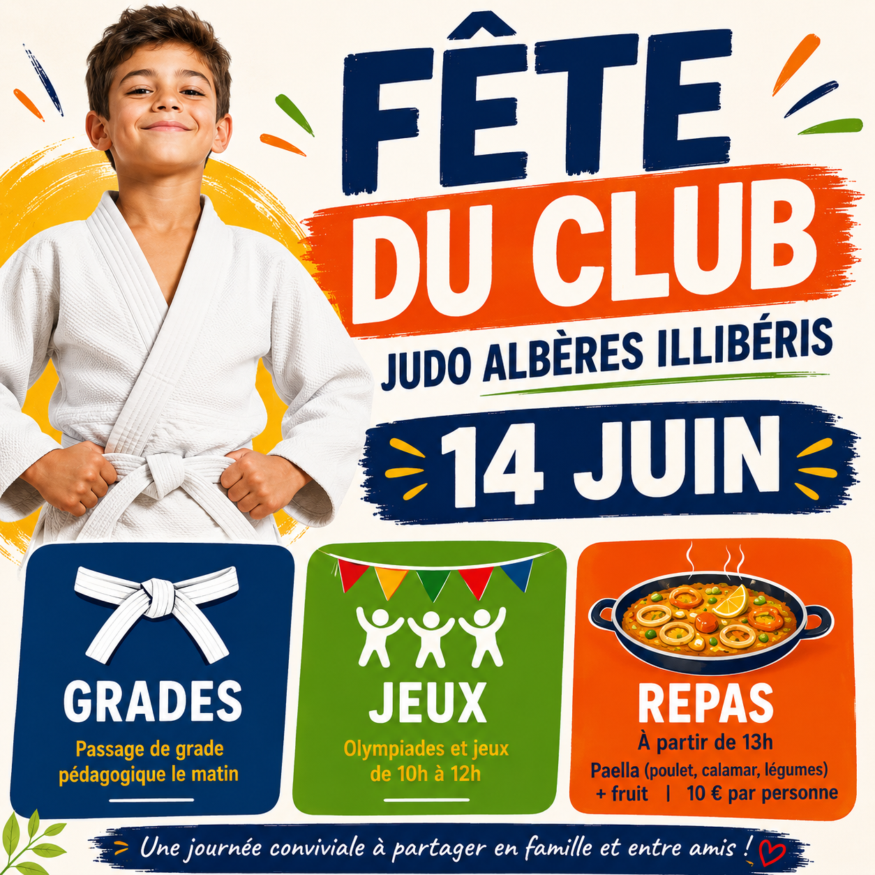 Affiche de la Fête du Club JUDO Albères Illibéris 2026 avec passages de grades, olympiades et repas convivial à Saint-André.