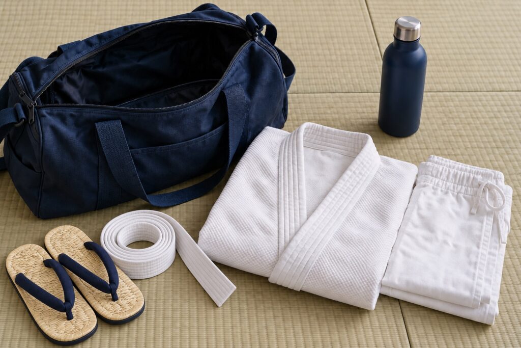 Sac de judo préparé avec le judogi, la ceinture et les accessoires indispensables