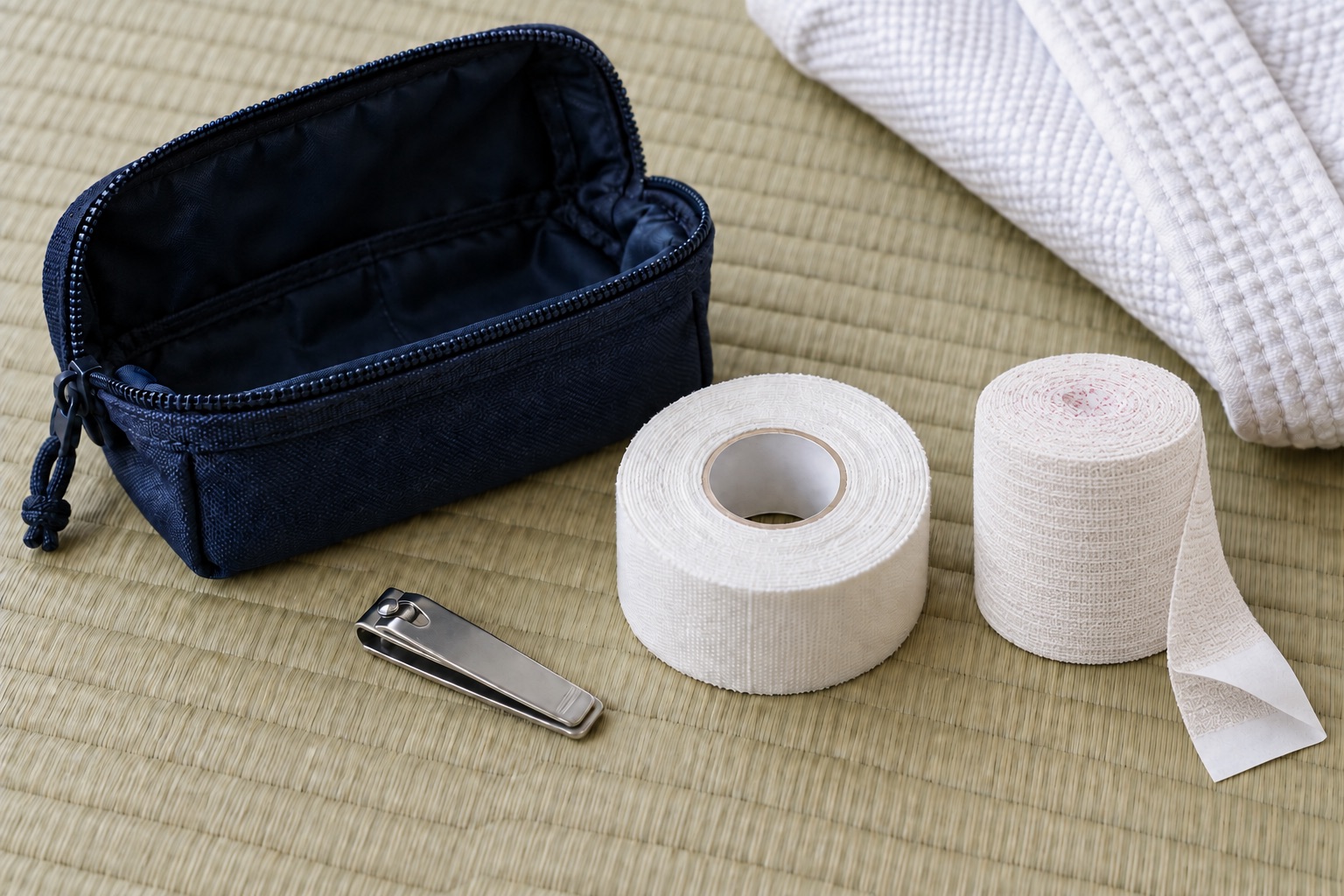 Trousse de judo avec coupe-ongles, bande de strapping et bande adhésive élastique blanche écrue.